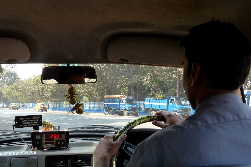 View from inside a taxi on the road