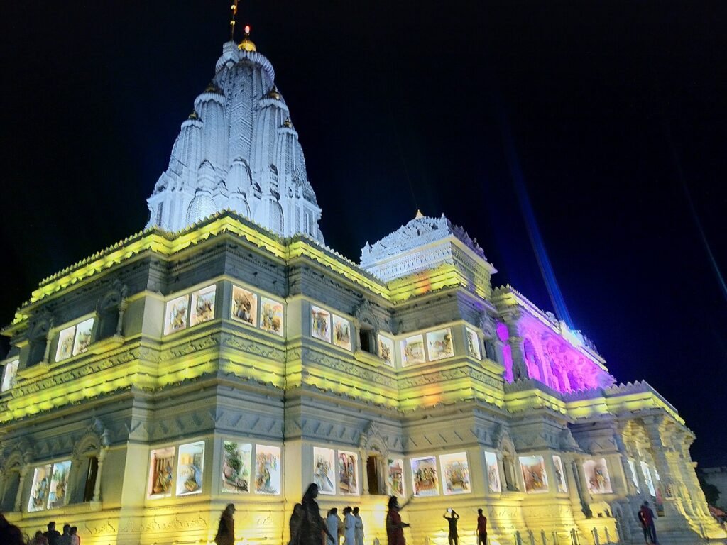 Prem Mandir Vrindavan lit up at night
