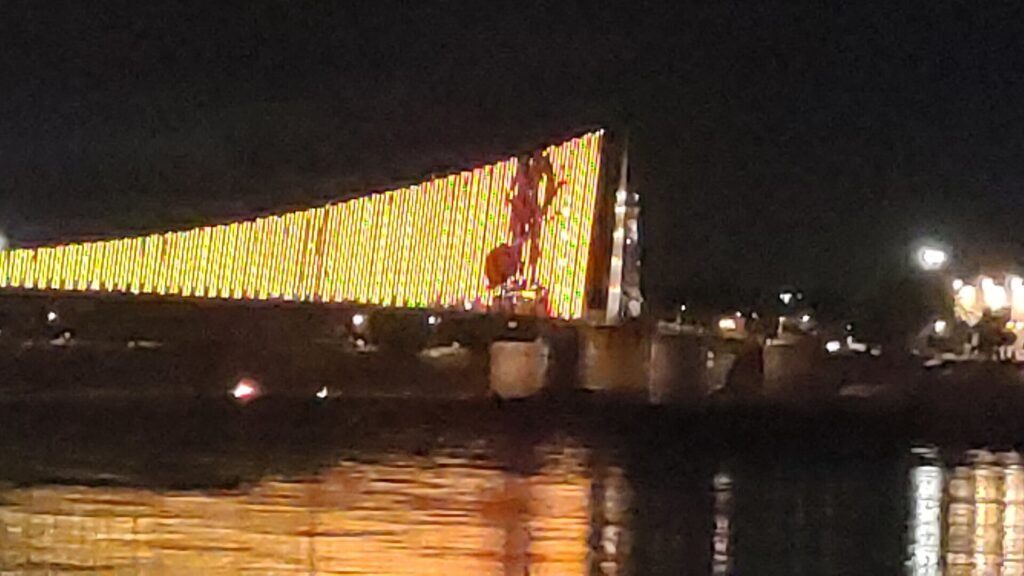 Illuminated Janki Setu bridge over the Ganga in Rishikesh